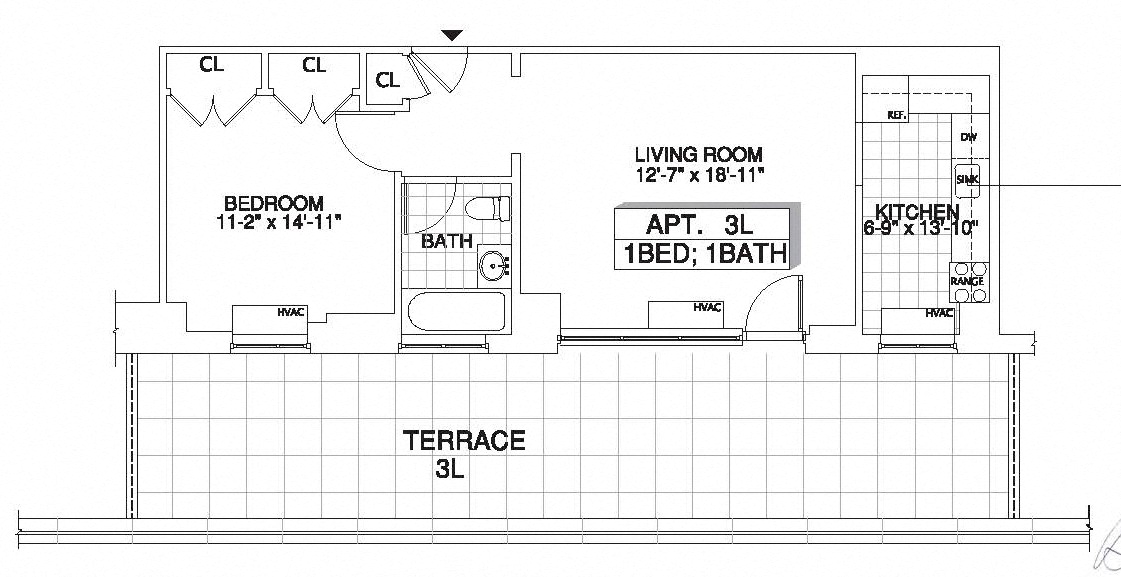 Floor plan for 1 bed, 1 bath, 735 sqft
